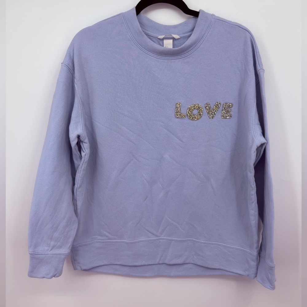 H&M Light Blue LOVE Rhinestone Sweatshirt Medium Crewneck Pullover
